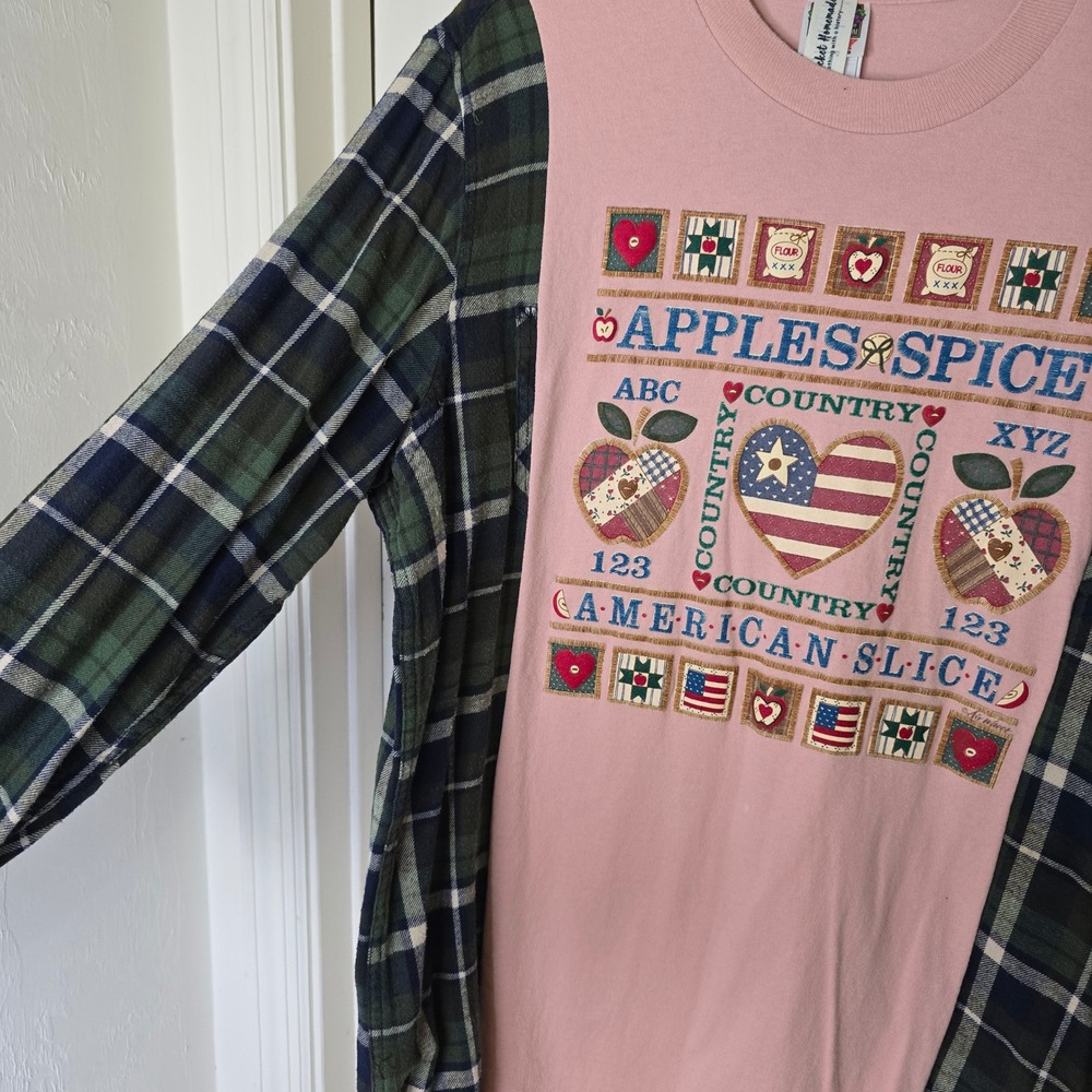 Upcycled Apples &‎ Spice t-shirt plaid flannel OS - Picture 3 of 4